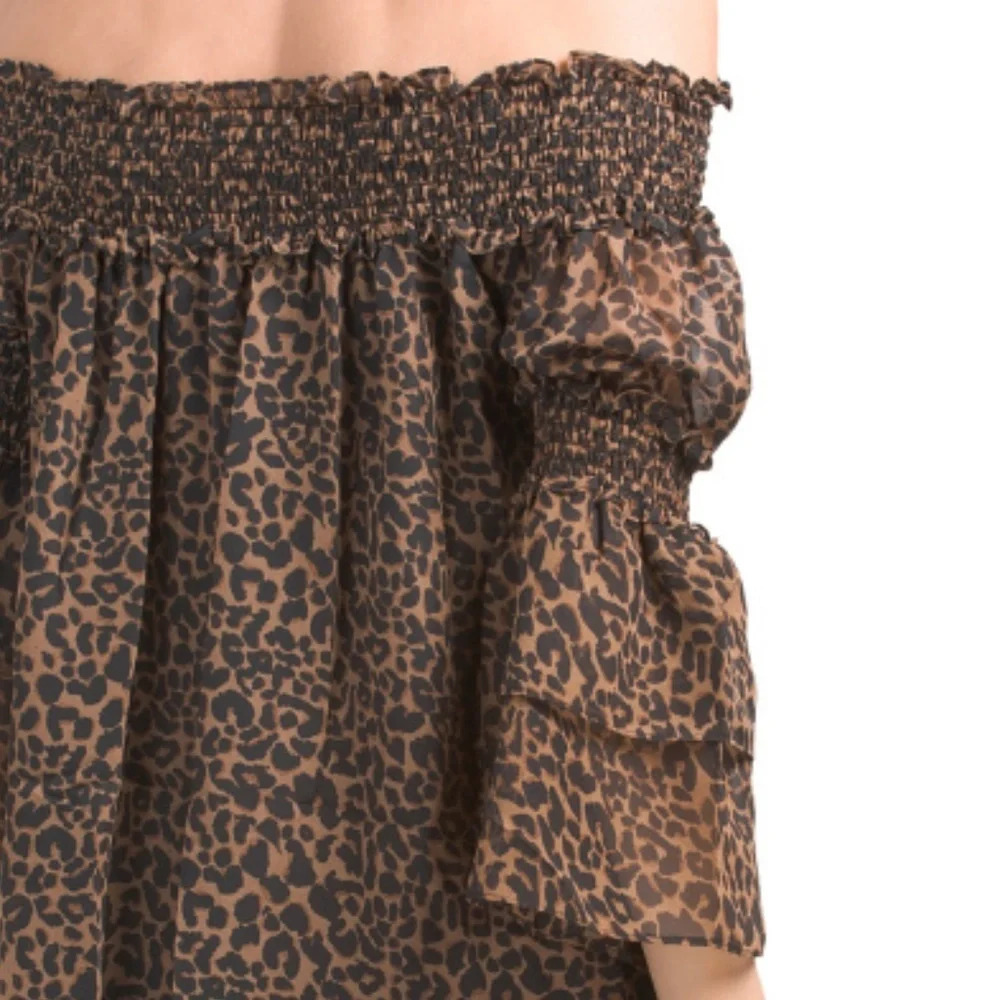 MAX STUDIO Off Shoulder Tier Sleeve Leopard Printed Top - Picture 4 of 4